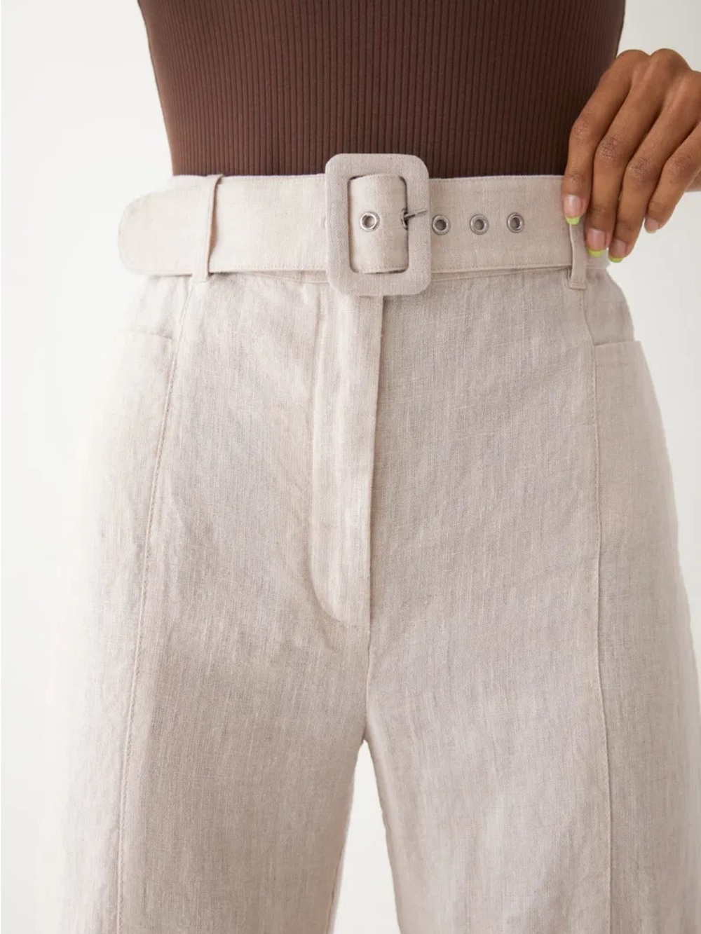 & Other Stories - High-Waist Cream Linen Blend Wide-Leg Pants with Belt